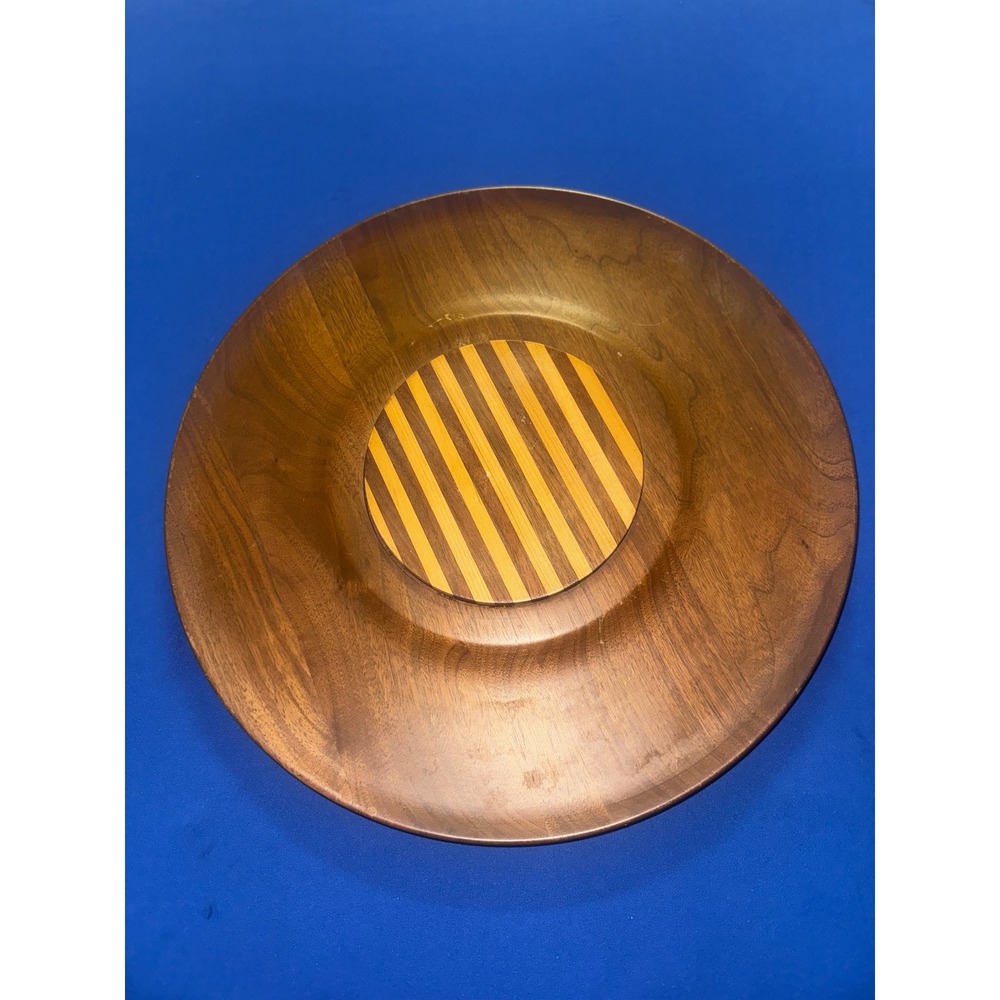 Solid Black Walnut Wood Cheese Plate Bowl Centerpiece Striped Inlay Decor 14"